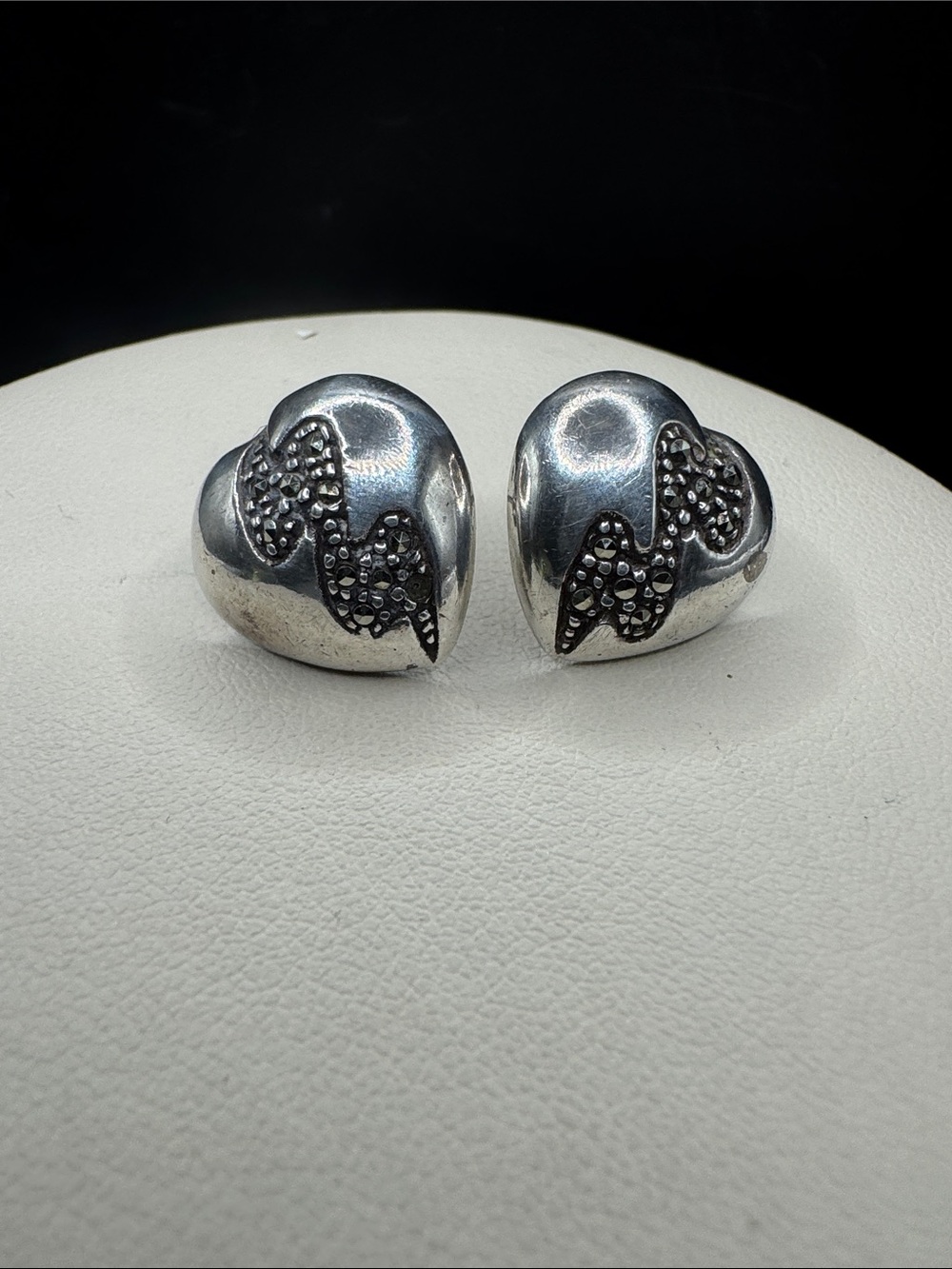 Silver Heart Stud Earrings with Black Accent Detailing